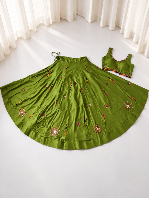 Olive green chaniya choli flat lay