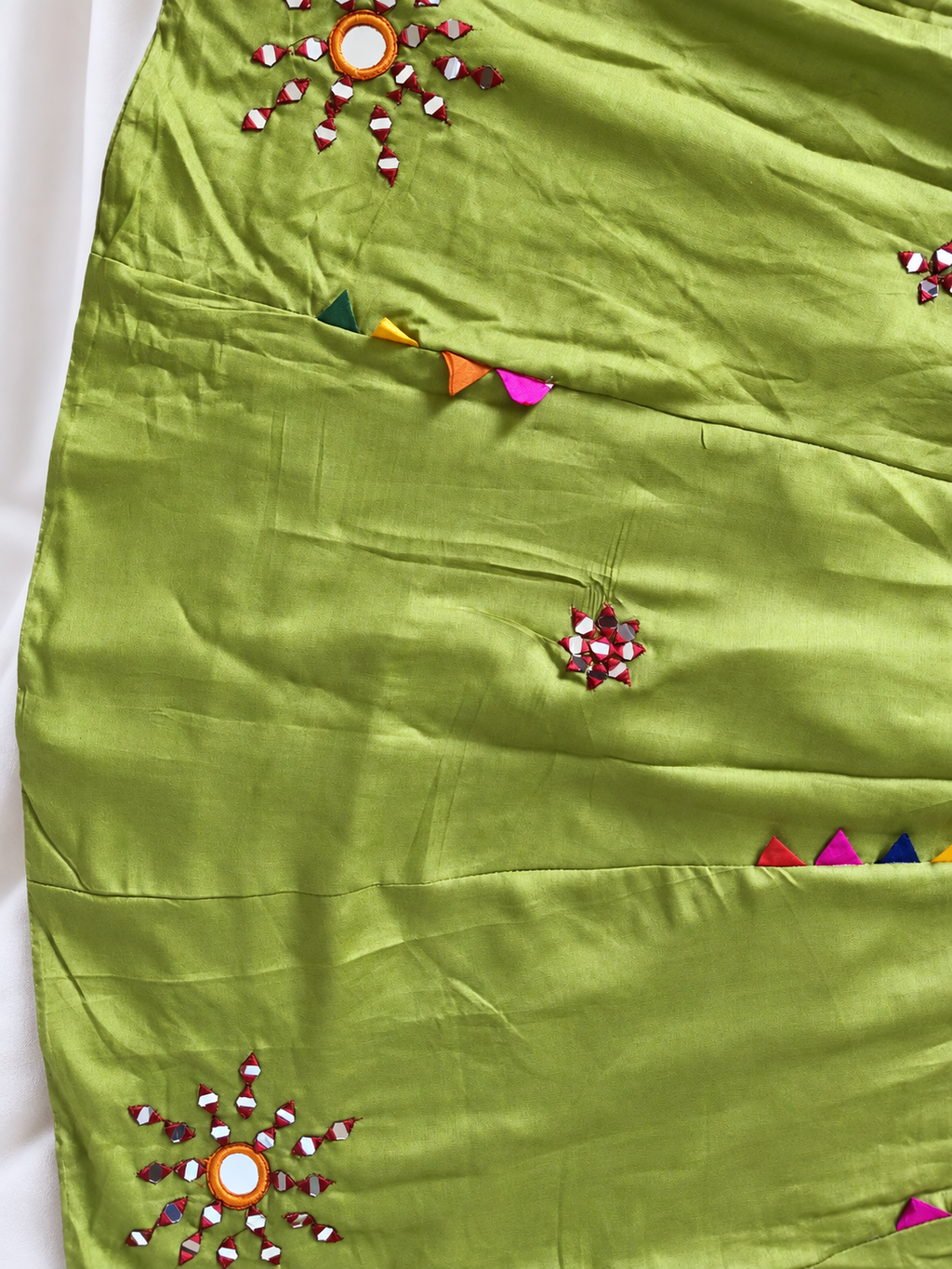 Olive green ghagara mirror work detail