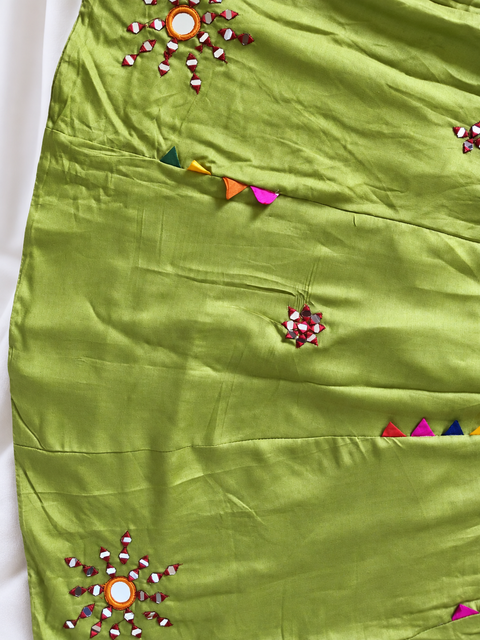 Olive green ghagara mirror work detail