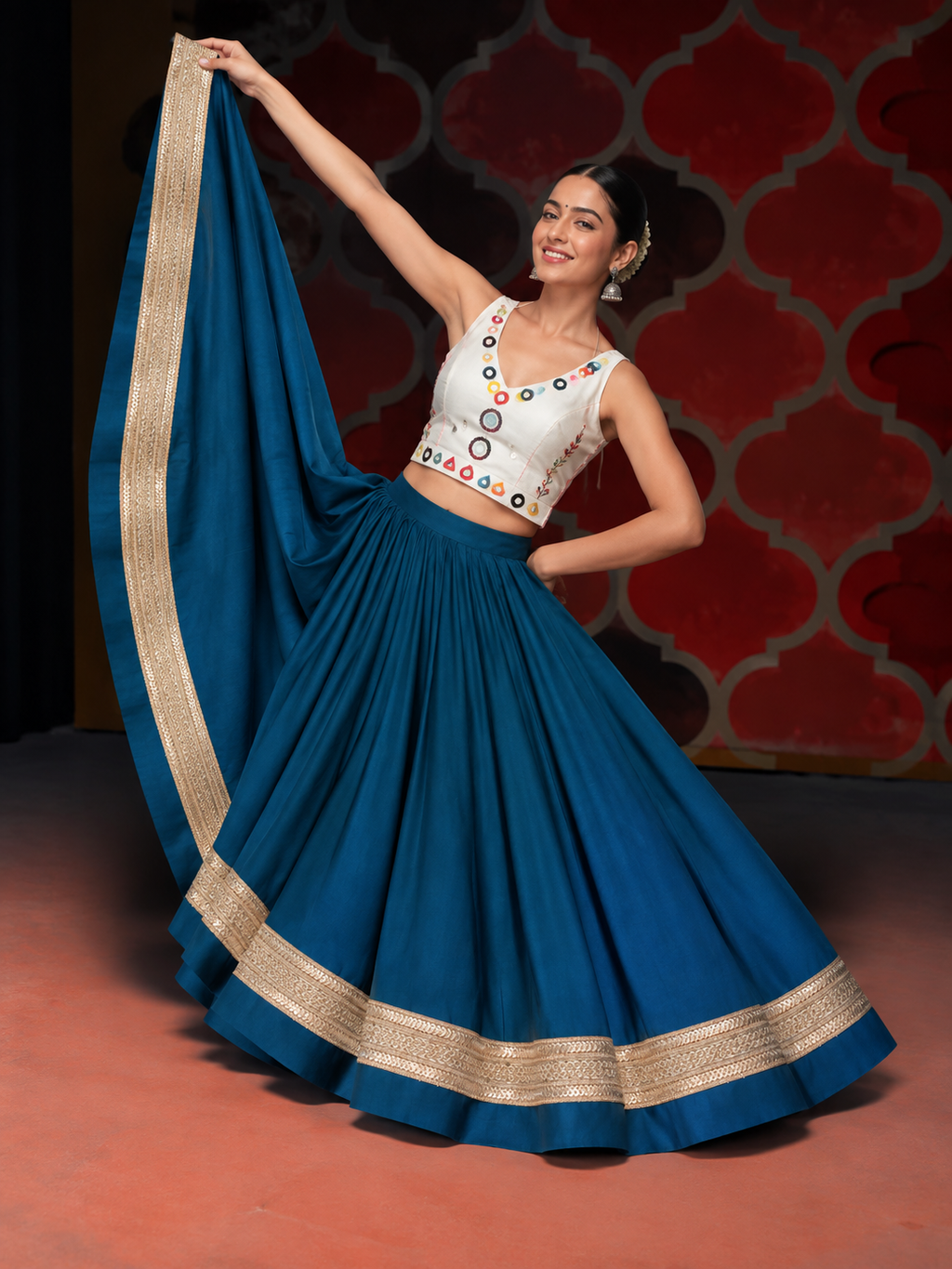 Navratri gotta patti lehenga teal model shot