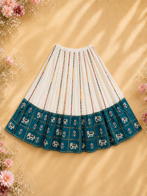 Full view of ivory and teal lehenga skirt