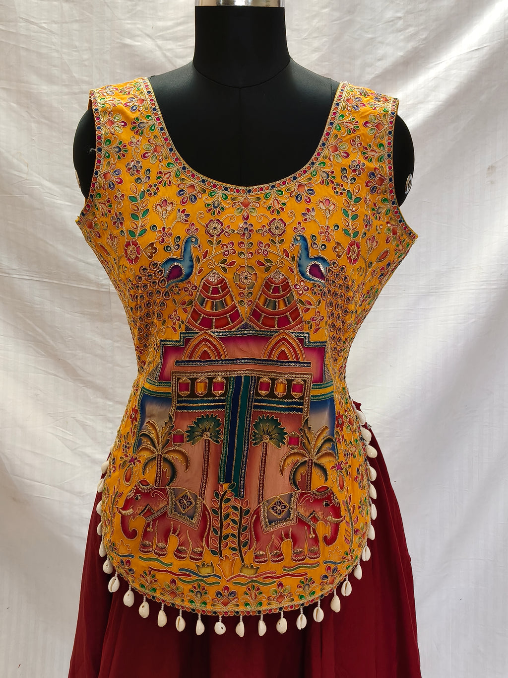 Morni Banke Mustard Two Elephant Embroidered Navratri Blouse front view