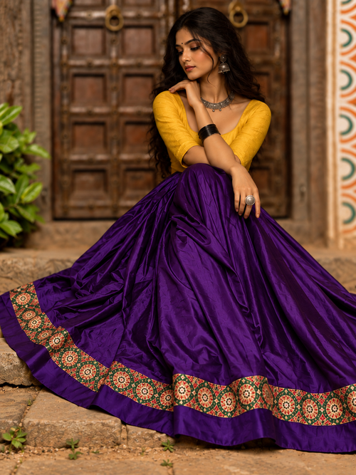 Purple side reversible skirt embroidery and border close-up