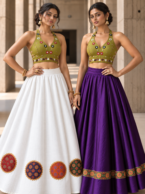 Purple and white reversible lehenga skirt twin close-up