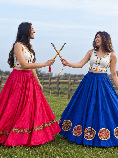 Ulat Palat reversible Navratri lehenga skirt hero view showing two looks