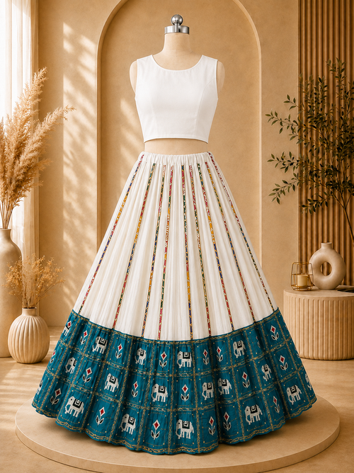 Ivory and teal elephant border lehenga styled display