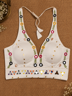 Halter Neck white Cowrie and Mirror Work Blouse