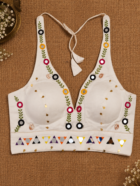 Halter Neck white Cowrie and Mirror Work Blouse