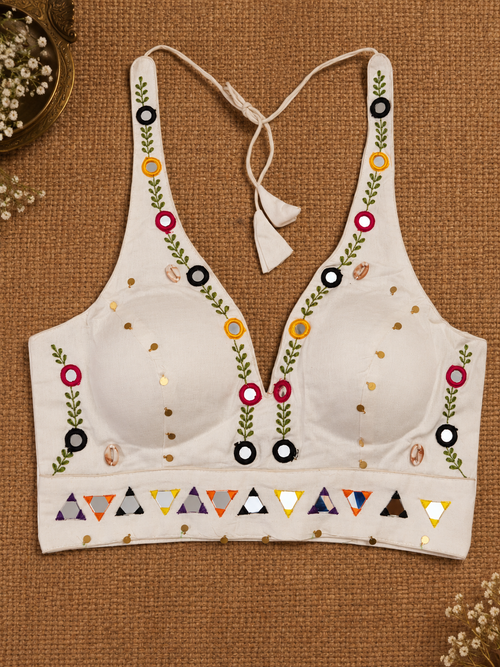 Halter Neck white Cowrie and Mirror Work Blouse