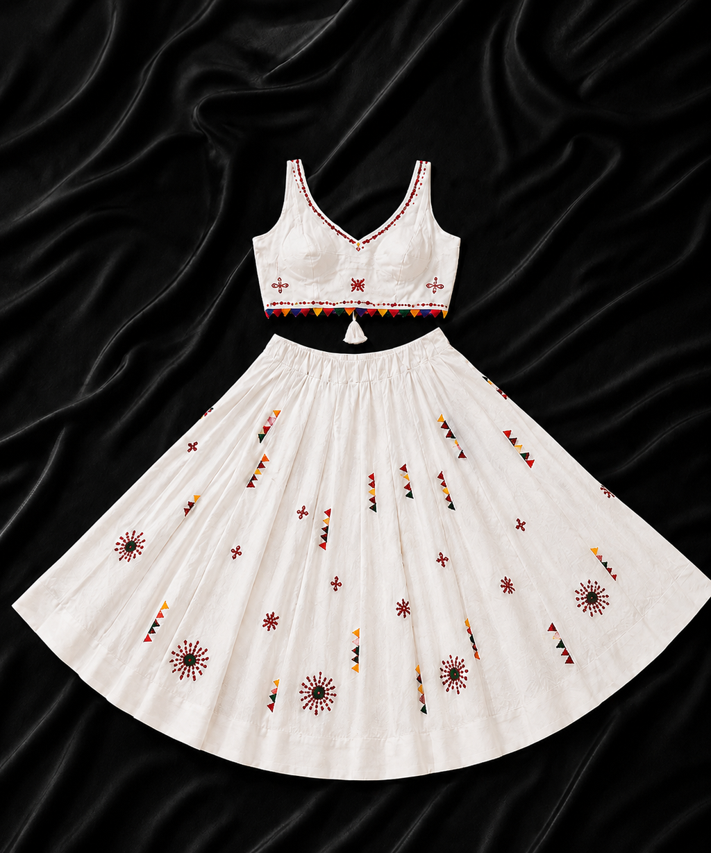 Mirror Work White bunting Lehenga Choli